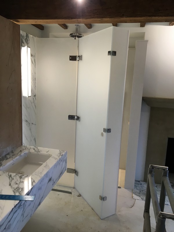 Bespoke frosted glass shower enclosure in Wokingham luxury bathroom